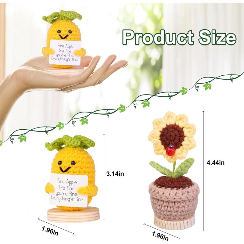 2 Handmade Emotional Support Pickle Cucumber Gifts, Funny Knitted Cucumber with Front Card and Wooden Base Sunflower Pot Desk Decorationnhz