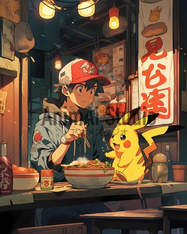 Ash and Pikachu, Ramen Series #1, Pokemon, Japanese Tapestry Style, Anime Poster, Printable Wall Art, Bedroom Wall Art, Japanese Home Decor