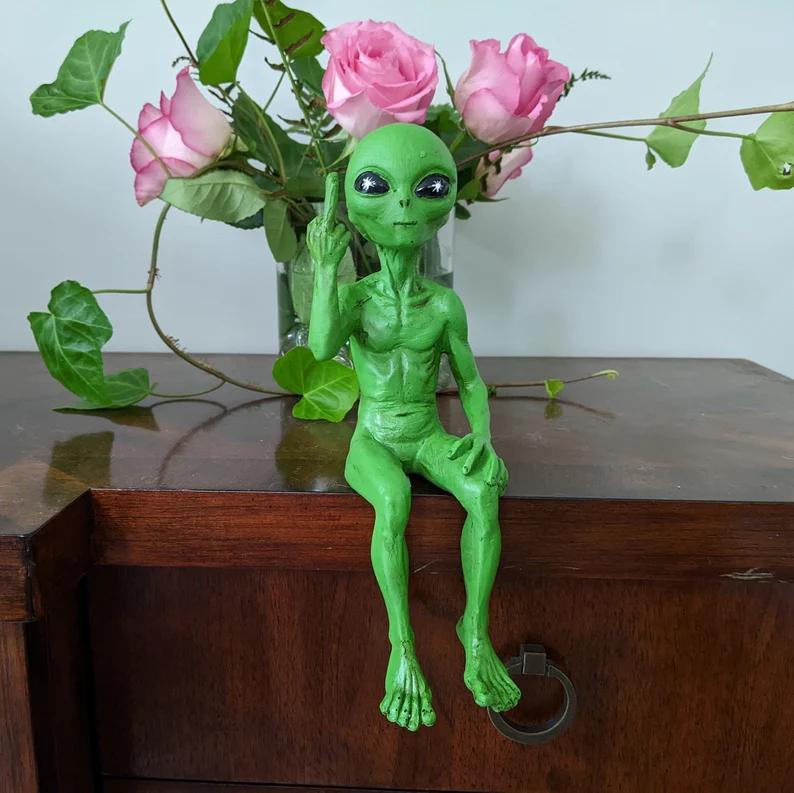 Set of 2 Rude Alien Statue “Flipping The Bird”  Shelf Sitter Extraterrestrial Figurine Funny Home or Garden Decoration