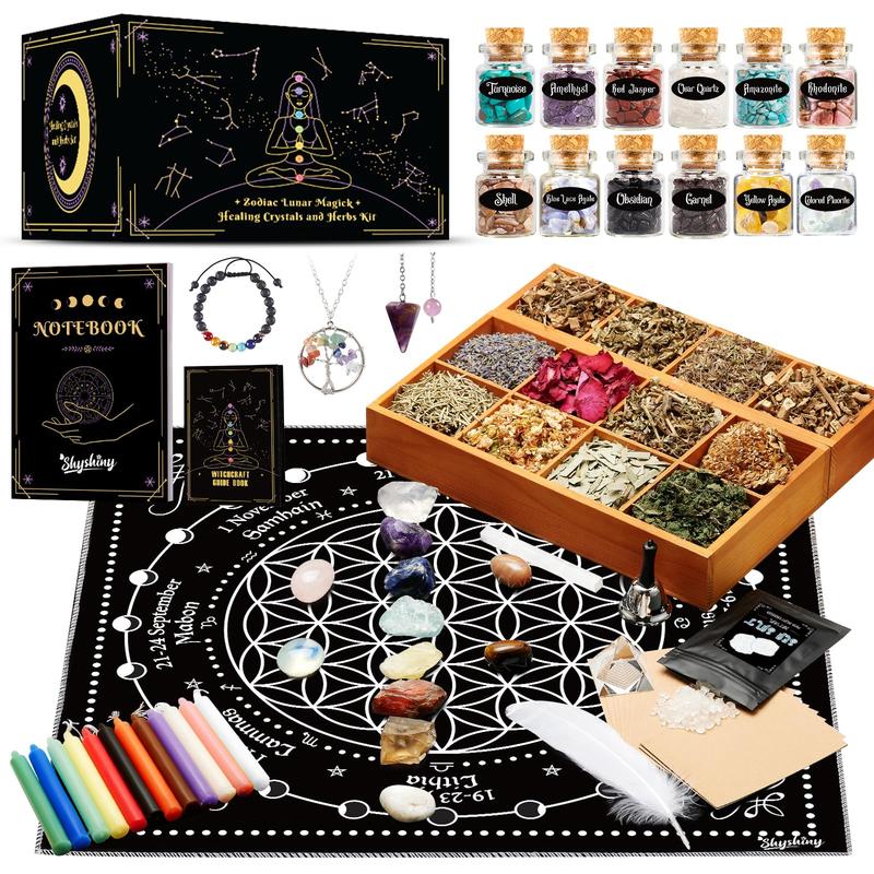 Christmas Gift Witchcraft Supplies Kit, 80Pack Witch Starter Kit Wiccan Supplies and Tools Witchy Gifts for Beginners, Spell Candles, Chakra Healing Crystals and Dried Herbs for Zodiac and Lunar Magick wiccan supply