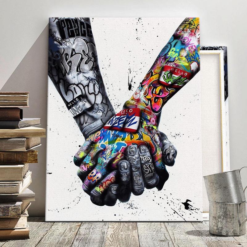 Hand-In-Hand Pattern Canvas Painting Framed, Meaningful Modern Graffiti Art Canvas Poster, Wall Art Decor for Home Living Room Office Bedroom Gallery Dormitory