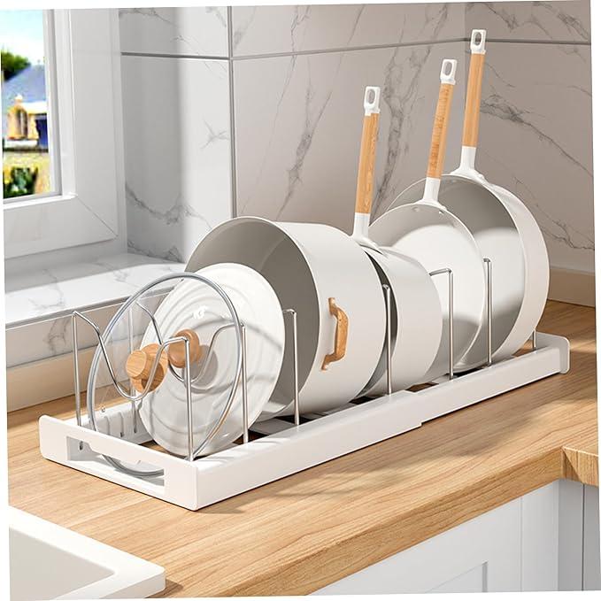 Kitchen Stainless Steel Pot Storage Rack, Adjustable Pot Lid Storage Rack with Anti-slip Plastic Chassis, Multifunctional Kitchen Storage Organizer, Baking Tool Telescopic Rack, Kitchen Essentials,2024 Kitchen Gadgets(White),Thanksgiving, Christmas Gifts