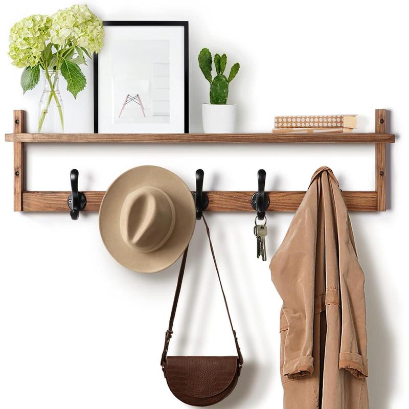 29'' Coat Rack Wall Mount with Shelf, Wood Wall Hooks with Storage, Entryway Shelf with 5 Hangers for Bathroom, Living Room, Bedroom