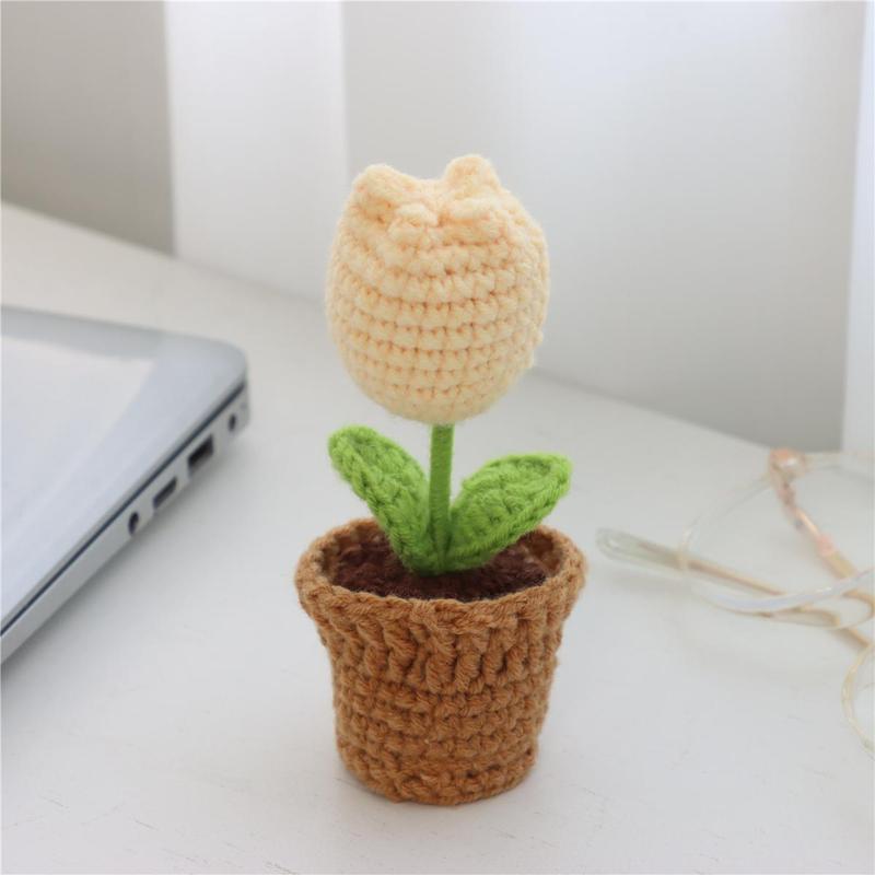 Mini Handmade Crochet Rose Knitted Potted Plant, 3 Counts set Cute Artificial Flower Decor, Decorative Plants for Home Office Car