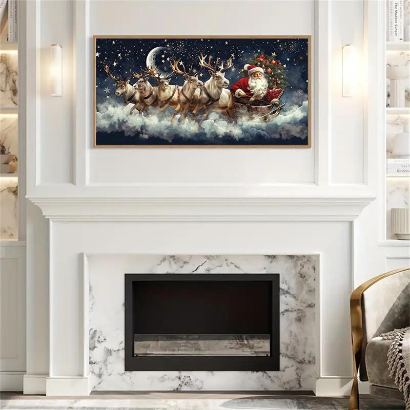 Christmas Themed Canvas Painting without Frame, 1 Count Santa Claus & Reindeer & Sleigh Pattern Wall Art, Wall Decor for Home Living Room Bedroom