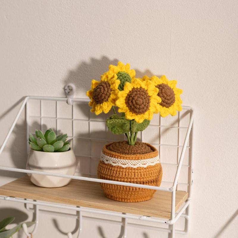 Crochet Sunflower Potted Plant, 1 Count Cute Creative Handmade Knitting Positive Energy Ornament, Home Decor for Living Room Bedroom Office