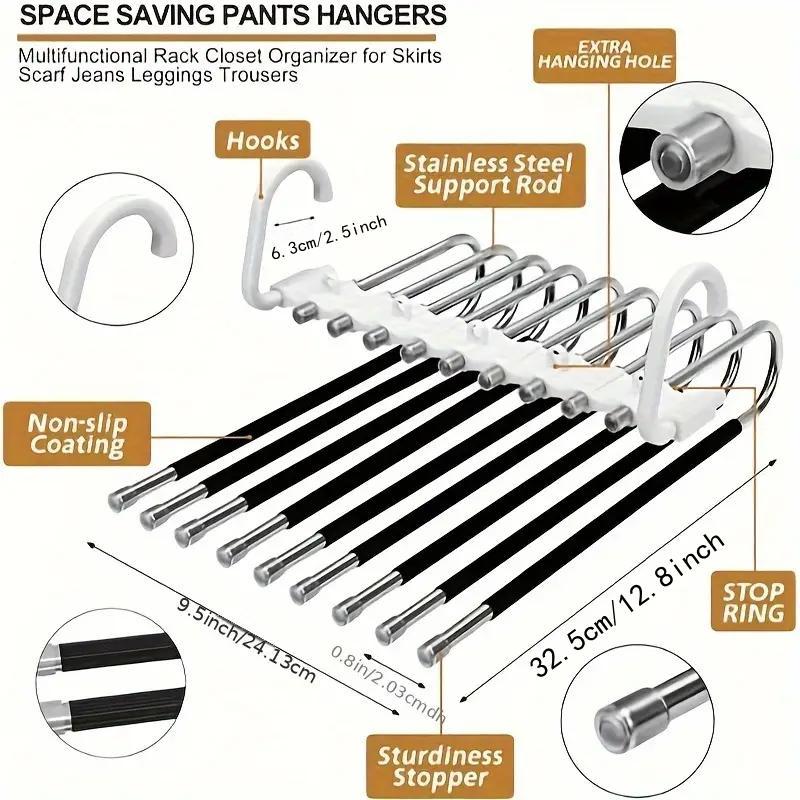 Space Saving Pants Hanger, Non Slip Stainless Steel Multifunctional Pants Rack, S-type Closet Organizer with Hooks for Leggings Trousers, Storage Organizer for Bedroom