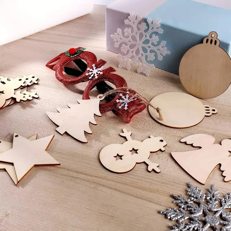 Wooden Christmas Ornament, 120pcs set Christmas Tree & Bell & Reindeer & Stocking & Snowflake & Round & Rope Hanging Ornament, DIY Wooden Crafts