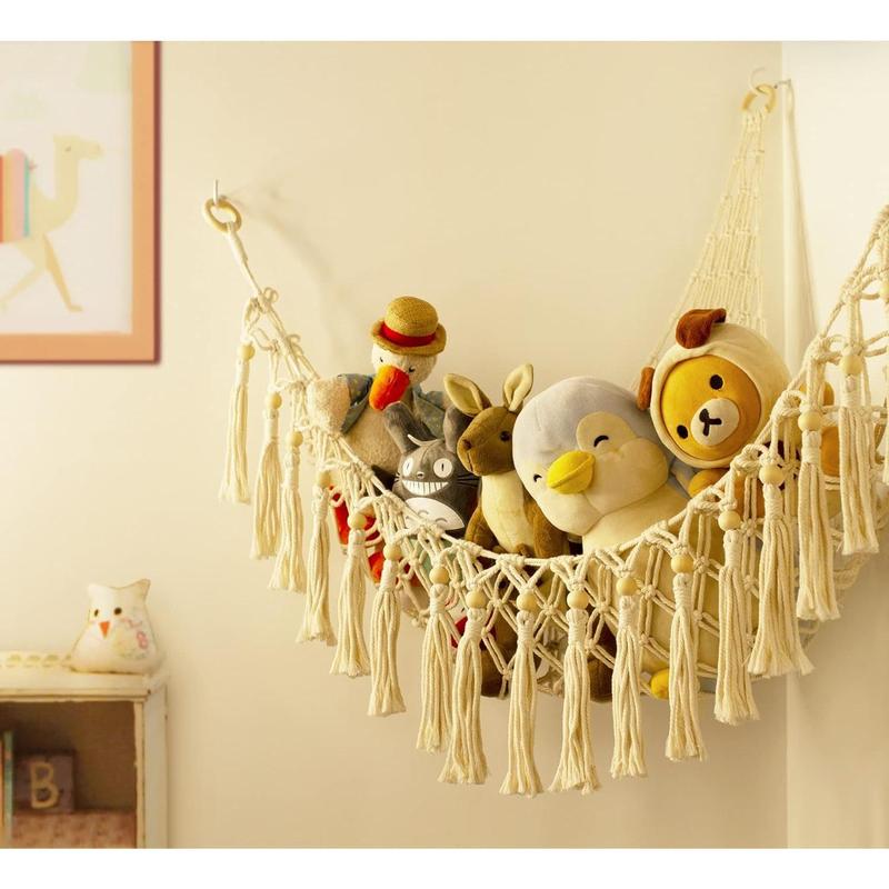 Stuffed Animal Toy Storage Hammock with LED Light - Macrame Jumbo Doll Corner Stuff Animals Organizer Decorations - Cute Hanging Plushie Net Nursery Bedroom Room Decor Wall Boho Mount Traditional Ornaments Hangable