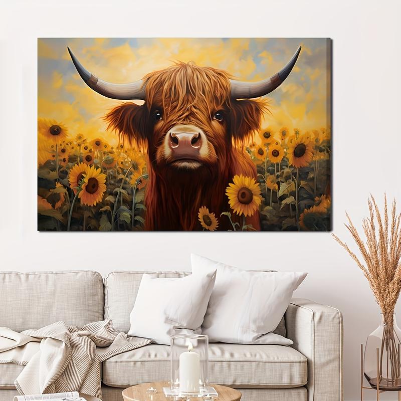 Vibrant Highland Cow & Sunflowers Artwork - Frameless Canvas Print with Warm Colors, Nature-Inspired, Perfect for Living Room, Bedroom, or Home Office Decor, Adds Cozy Touch to Any Space