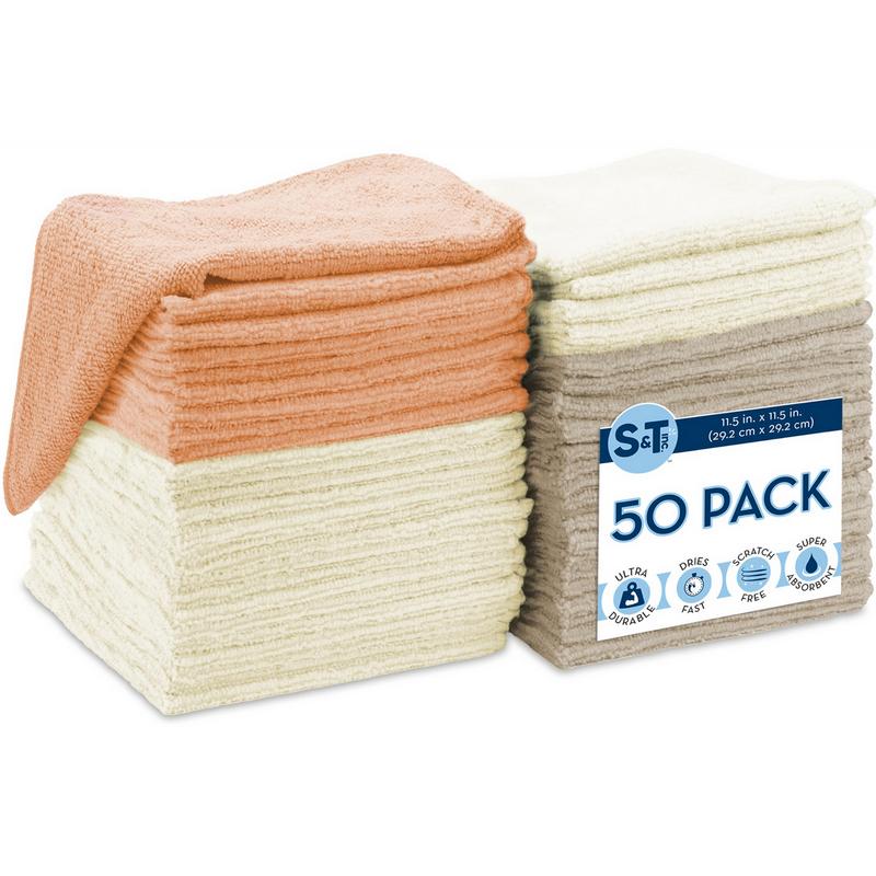 S&T INC. Microfiber Cleaning Cloth, Bulk Microfiber Towel for Home, Reusable Microfiber Towels for Cars, Neutral Coral, 11.5 in. x 11.5 in., 50 Count