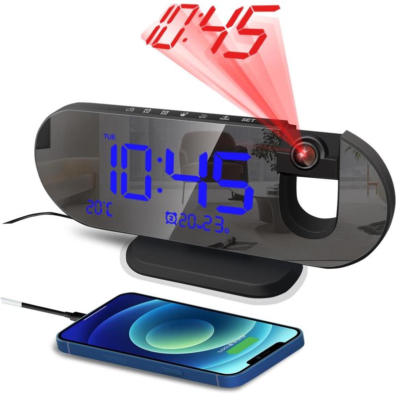 Projection Alarm Clock - 2024 New Projection Clock with 180° Rotatable Projector for Bedroom Ceiling - Clear LED Display, USB Charger Automatic Light-Sensitive Temperature, Silent Movement