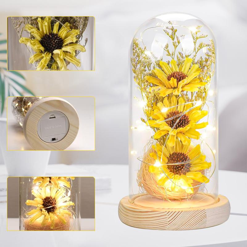 Christmas Everlasting Sunflower in Glass Dome withLight, Artificial Sunflowers in Glass Dome with LED Strip, Home Decor Plants Flowers, Valentine's Day, Christmas, Thanksgiving, Birthday Decorative Ornaments Boxes 2024 Fall GiftsFall Decor Decoration