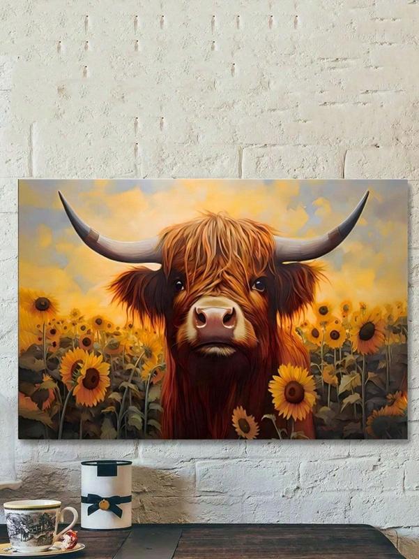 Vibrant Highland Cow & Sunflowers Artwork - Frameless Canvas Print with Warm Colors, Nature-Inspired, Perfect for Living Room, Bedroom, or Home Office Decor, Adds Cozy Touch to Any Space