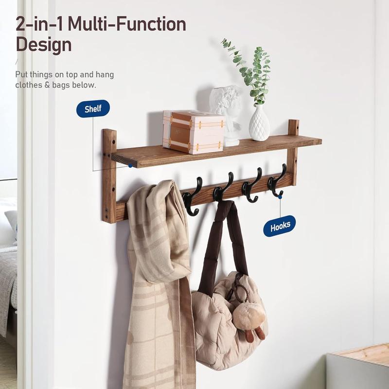 29'' Coat Rack Wall Mount with Shelf, Wood Wall Hooks with Storage, Entryway Shelf with 5 Hangers for Bathroom, Living Room, Bedroom