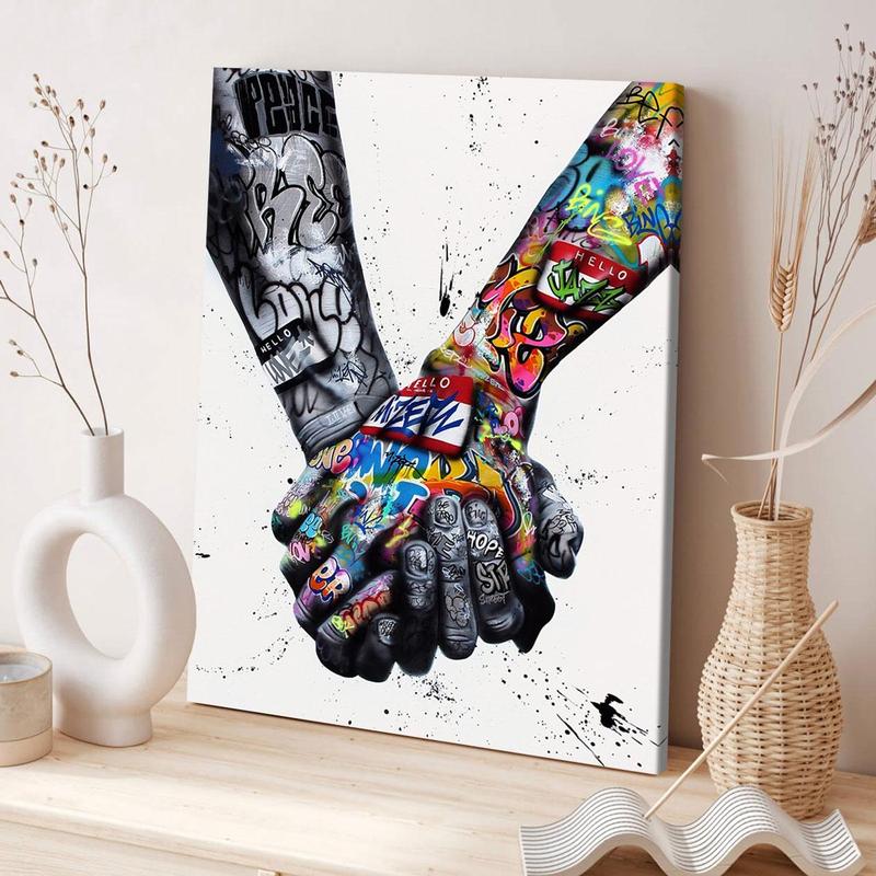 Hand-In-Hand Pattern Canvas Painting Framed, Meaningful Modern Graffiti Art Canvas Poster, Wall Art Decor for Home Living Room Office Bedroom Gallery Dormitory