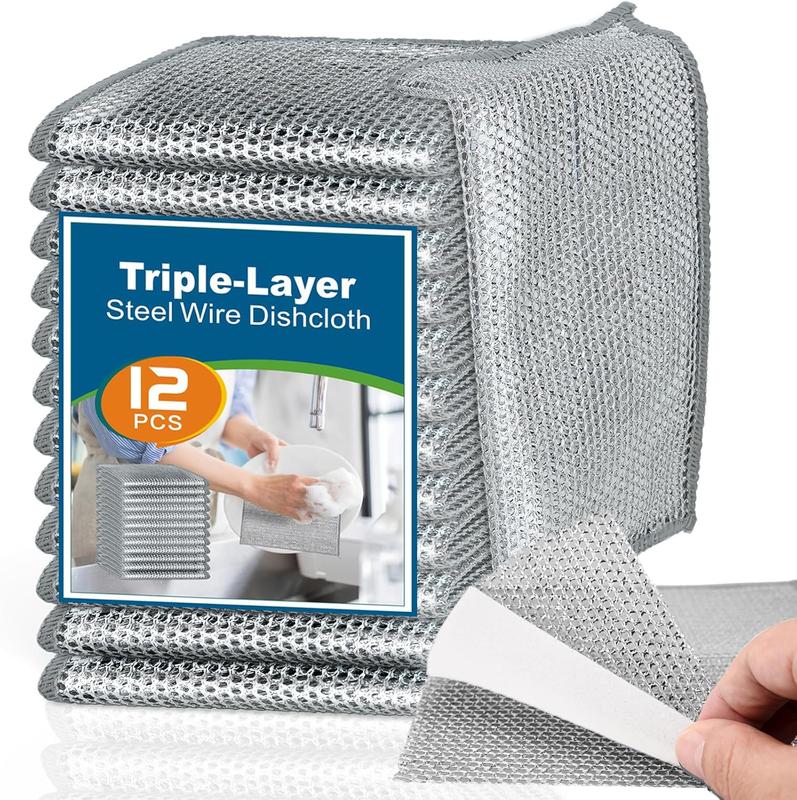 12 Pack Steel Wire Cleaning Cloths, Durable Wire Washing Cloth, Triple-Layer Wire Dishwashing Rag, Multipurpose Dish Rags for Washing Dishes, Non Scratch Wire Dishcloth for Kitchen