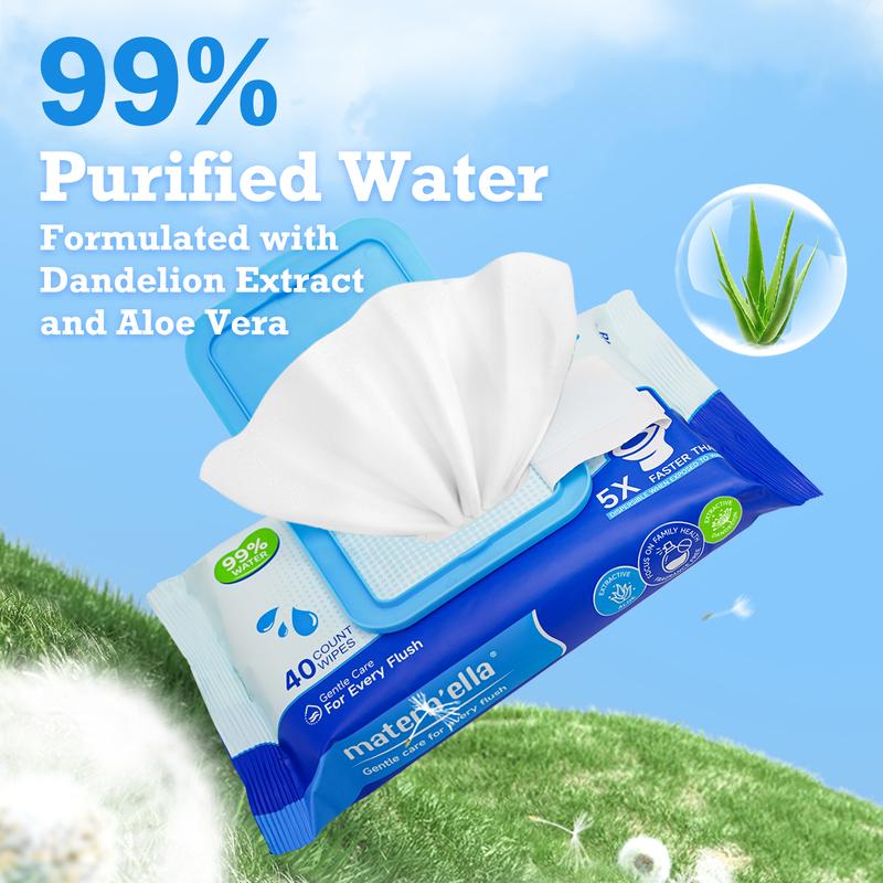 Maternella Wipes Toilet Paper Flushable Wet Wipes, Unscented Toilet Wipes 99% Purified Water with Aloe,  3 to 8 Packs of 40 Plant Fibers Soft and Gentle for Travelling, Camping, At home, Outdoor wet  wipes toilet  paper