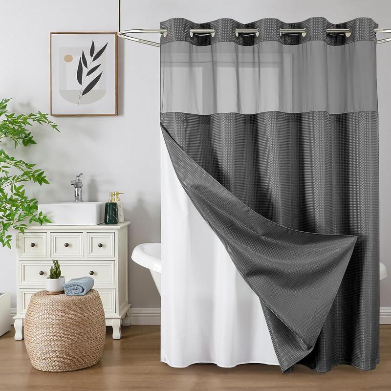 No Hook Shower Curtain with Snap in Fabric Liner, Waffle Heavy Duty Thick Shower Curtains with Mesh Top Window, Hotel Style Waterproof Bathroom Curtain Set, 72'' x 75'', Charcoal Grey