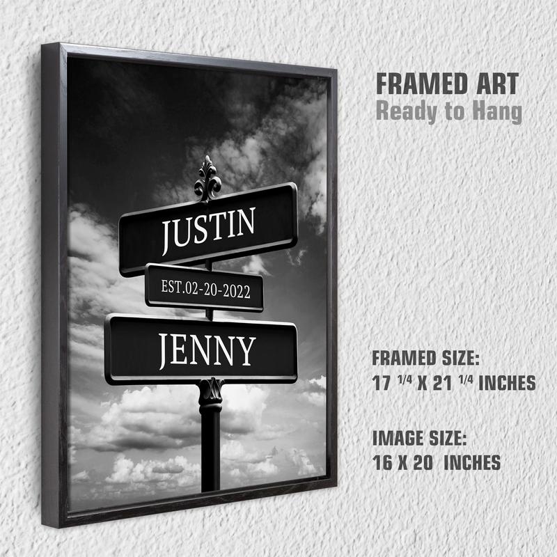 Crossroads Sign Couple's Name and Date on Street Black & White Sky Canvas Prints Love Gift for Anniversary,Wedding,Birthday and Holidays Decor Poster