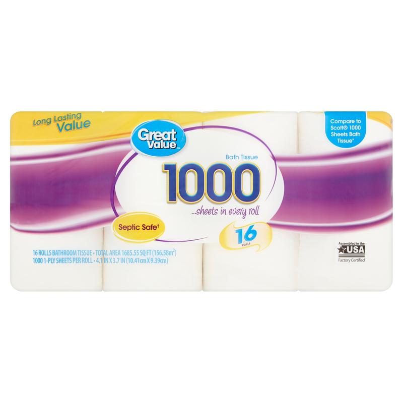 Great Value 1000 Bath Tissue Rolls, 16 Rolls