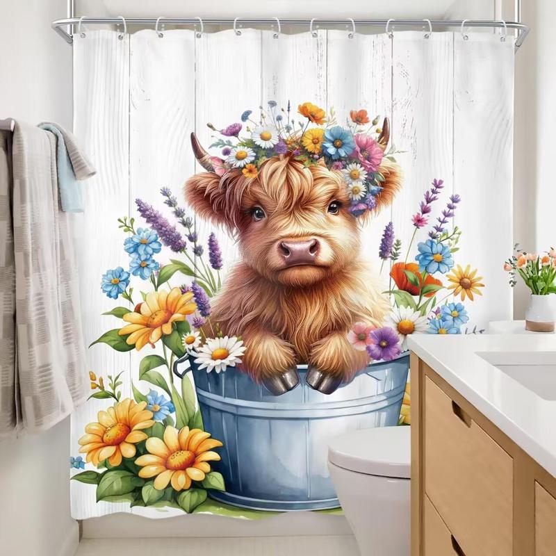 Cute Cow Pattern Bathroom Shower Curtain, 1 Count Waterproof Bathroom Curtain with 12pcs Hooks, Bathroom Decor Supplies