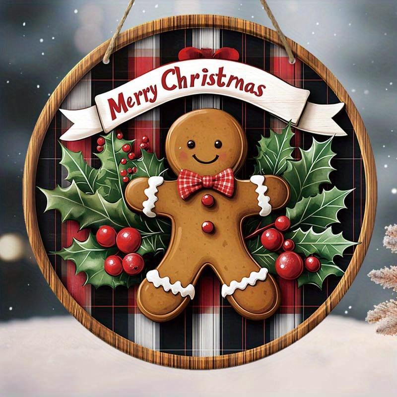 Merry Christmas Gingerbread Man Pattern Hanging Sign, 1 Count Wooden Round Hanging Wall Decor, Festive & Party Supplies for Home Garden Decor