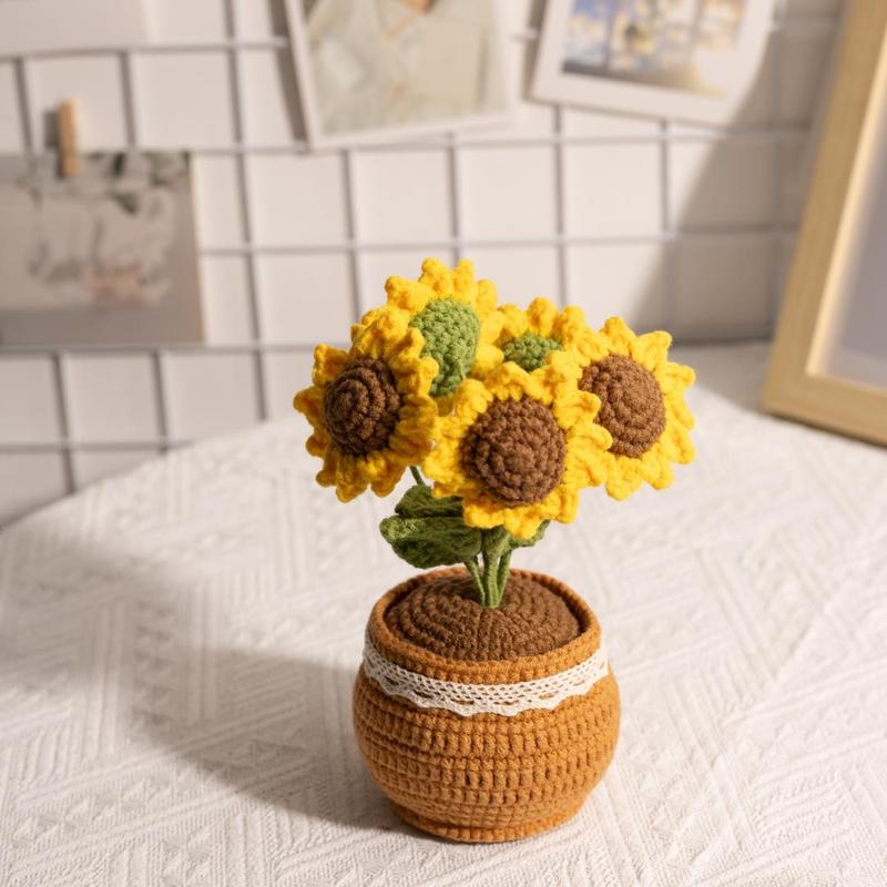 Crochet Sunflower Potted Plant, 1 Count Cute Creative Handmade Knitting Positive Energy Ornament, Home Decor for Living Room Bedroom Office