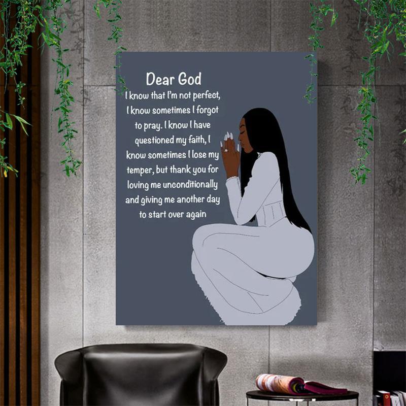 Christmas Gift - No Framed Pray wall art, African American Woman Art, Afro Girl Art Canvas painting Wall Art Prints Poster Wall Picture Decor wall art tapestry wall