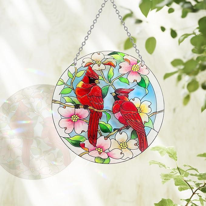 AUFURI Large Size Cardinal Suncatcher, Stained Glass Window Hanging, Pairs of Red Cardinal Birds, Hand Painted Glass Cardinal for Birds Lover