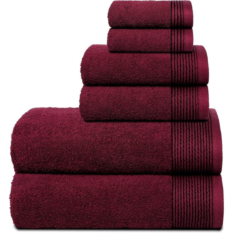 100% Cotton Ultra Soft 6 Pack Towel Set, Contains 2 Bath Towels 28x55 inchs, 2 Hand Towels 16x24 inchs & 2 Washcloths 12x12 inchs, Compact Lightweight & Highly Absorbant - Burgundy