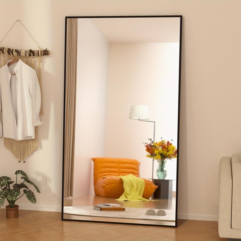 Full-Length Mirror with Aluminum Alloy Frame, Floor Mirror with HD Mirror Surface, Wall Mirror Free-Standing Hanging, Right-Angle Full Body Mirror with Stand for Living Room, Cloakroom, Hallway, Black, Gold, Size: 64