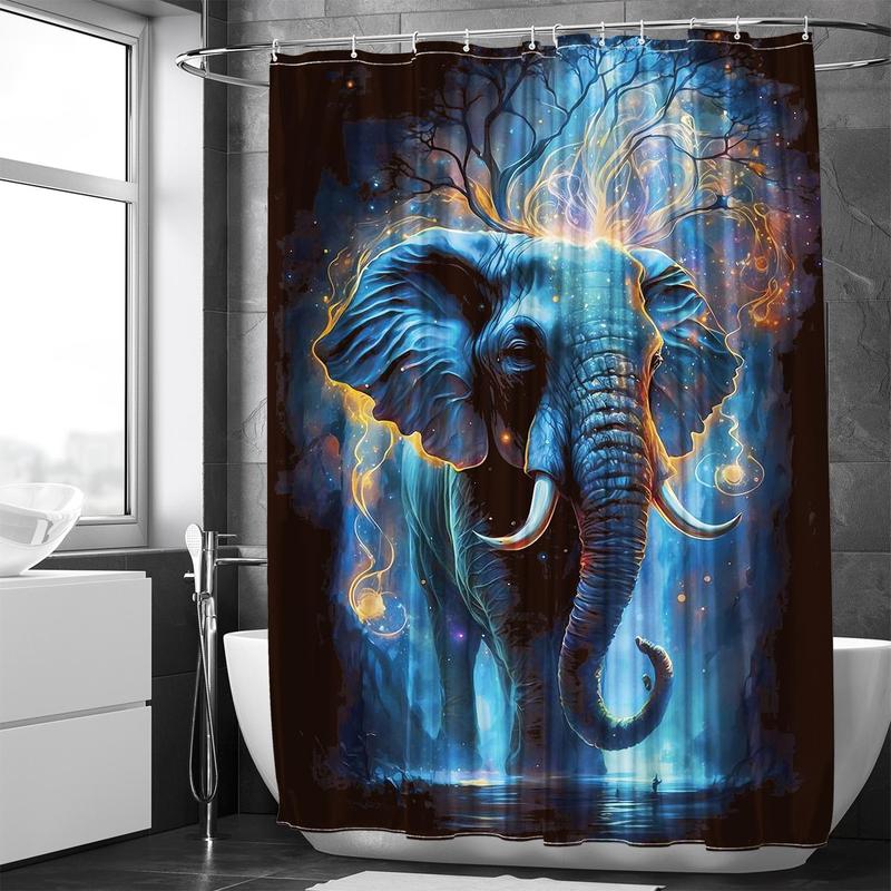 Elephant Print Bath Curtain with Hooks, 1 Count Modern Waterproof Shower Curtain with 1 Count Random Color Curtain Strap, Bathroom Accessories for Decor