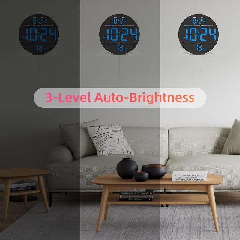 Digital Wall Clock with Large LED Display, Auto-Brightness, Temperature, Low-Reflectivity, Small Silent Non-Ticking Modern Electric Wall Clock for Bedroom, Living Room, Office, Classroom, Farmhouse