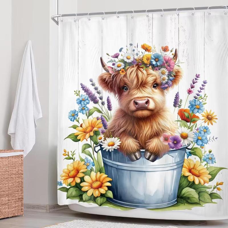 Cute Cow Pattern Bathroom Shower Curtain, 1 Count Waterproof Bathroom Curtain with 12pcs Hooks, Bathroom Decor Supplies