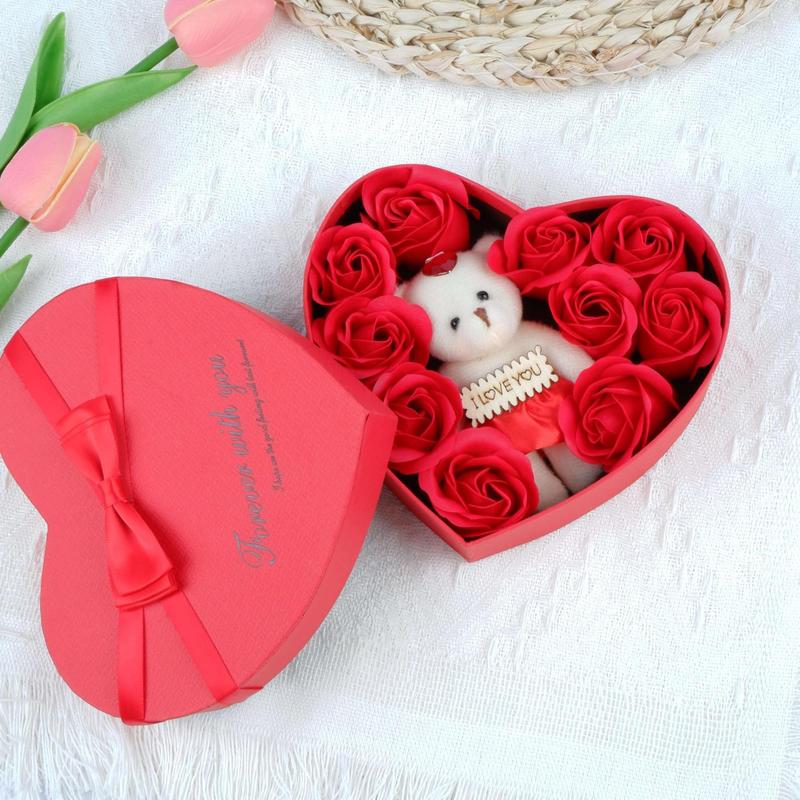 Christmas 2024outdoor Artificial Rose & Cute Bear Design Gift Box Set , Creative Heart Shaped Gift Box, Gift Box for Women & Men, Birthday Gift for Friends & Family, Summer Gifts, Room Accessories