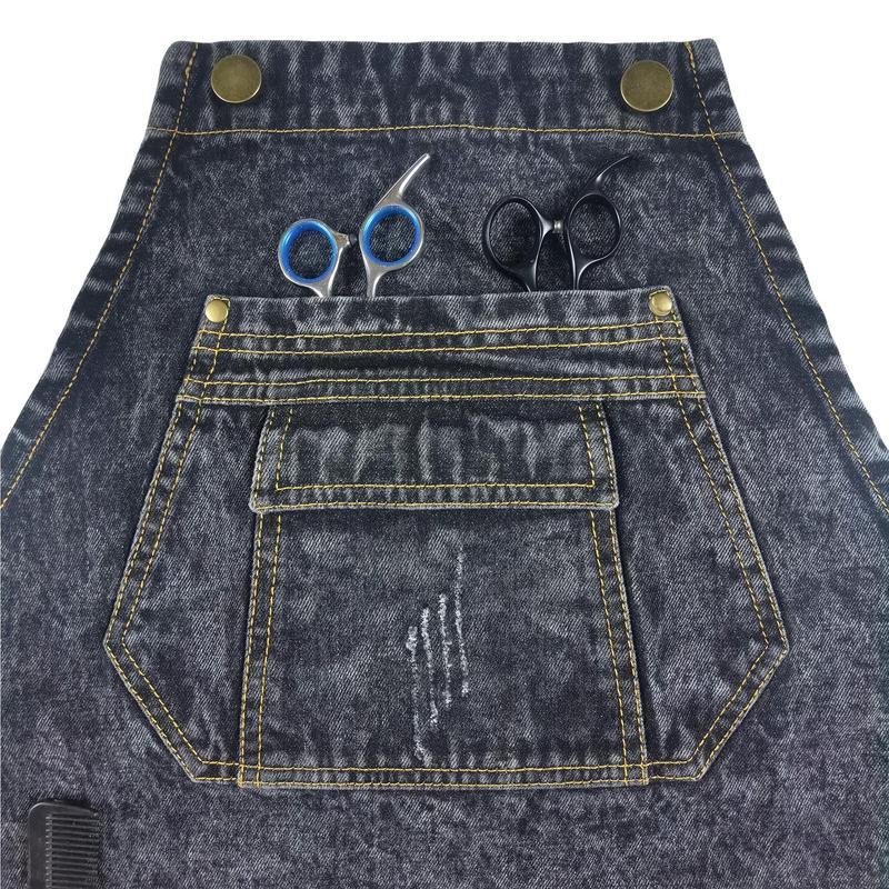 Denim Apron with Pockets, Cross Straps & Adjustable Apron, Work Apron for Hair Stylist Gardening Craftsmen Barista Women Hairdresser