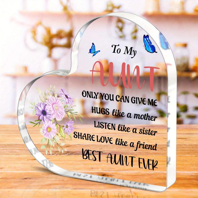 Heart Shaped Acrylic Ornament, 1 Count Letter & Flower Pattern Desktop Ornament, Best Aunt Ever Gift, Birthday Gift for Aunt, Home Decor