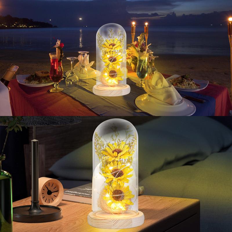 Christmas Everlasting Sunflower in Glass Dome withLight, Artificial Sunflowers in Glass Dome with LED Strip, Home Decor Plants Flowers, Valentine's Day, Christmas, Thanksgiving, Birthday Decorative Ornaments Boxes 2024 Fall GiftsFall Decor Decoration