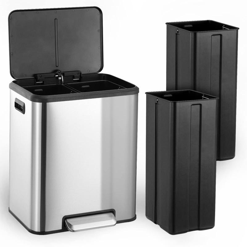 GARVEE 2x4 Gallon Kitchen Dual Trash Can and Recycling Bin Stainless Steel Removable Inner Bin and Soft Close Lid for Home Office Business Silver