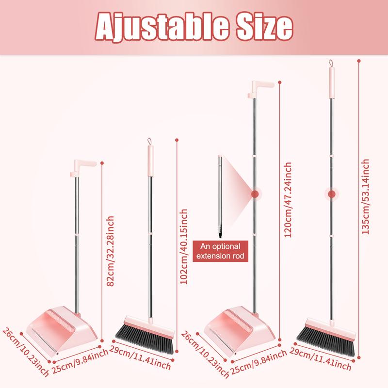 KZKR Pink Broom and Dustpan Set, Broom Dust pan, Broom and Dustpan Set with Adjustable Handle for Home,Office, Indoor&Outdoor Sweeping Cleaning Pack