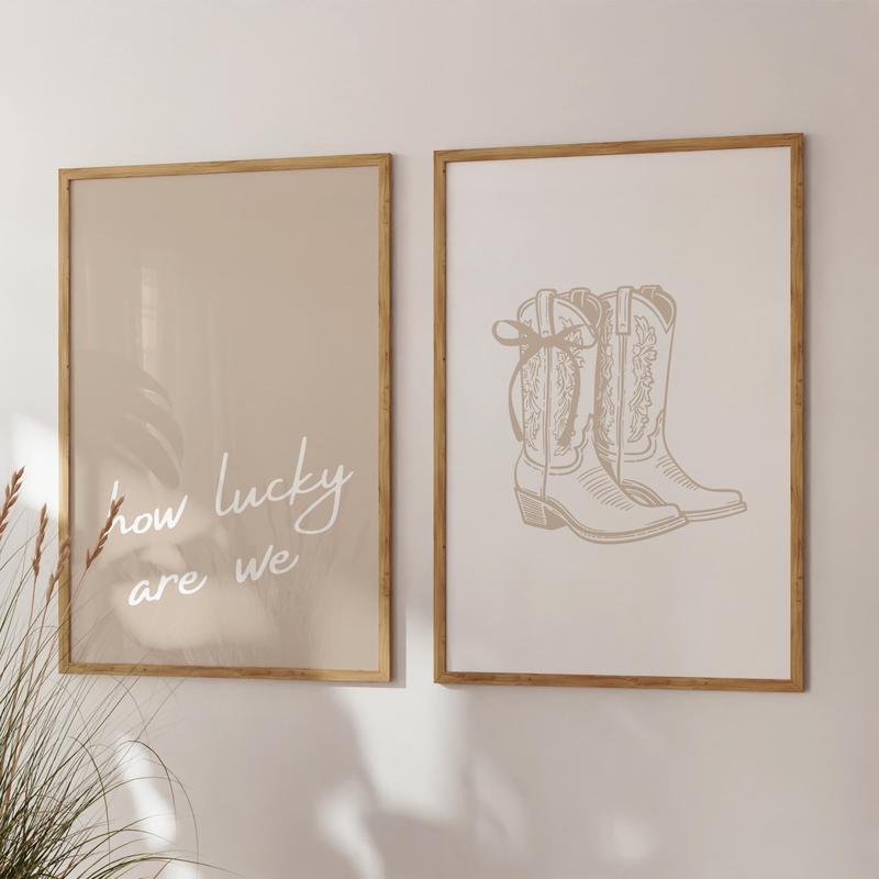 Neutral How Lucky Are We_ Coastal Cowgirl Print_ Girly Western Wall Art_ Coquette Bow Boots_ Cute Apartment Aesthetic_ Trendy Set of 3, How Lucky Are We Blue Horizontal Print, Grandmillennial Art Print, 28 Song Lyrics Digita Art Print, cool art prints