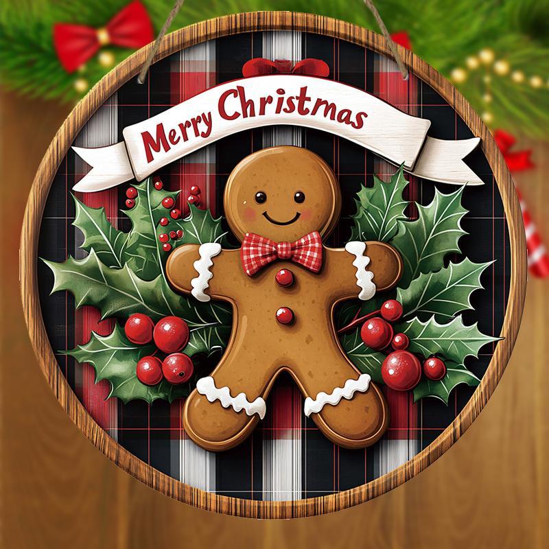 Merry Christmas Gingerbread Man Pattern Hanging Sign, 1 Count Wooden Round Hanging Wall Decor, Festive & Party Supplies for Home Garden Decor