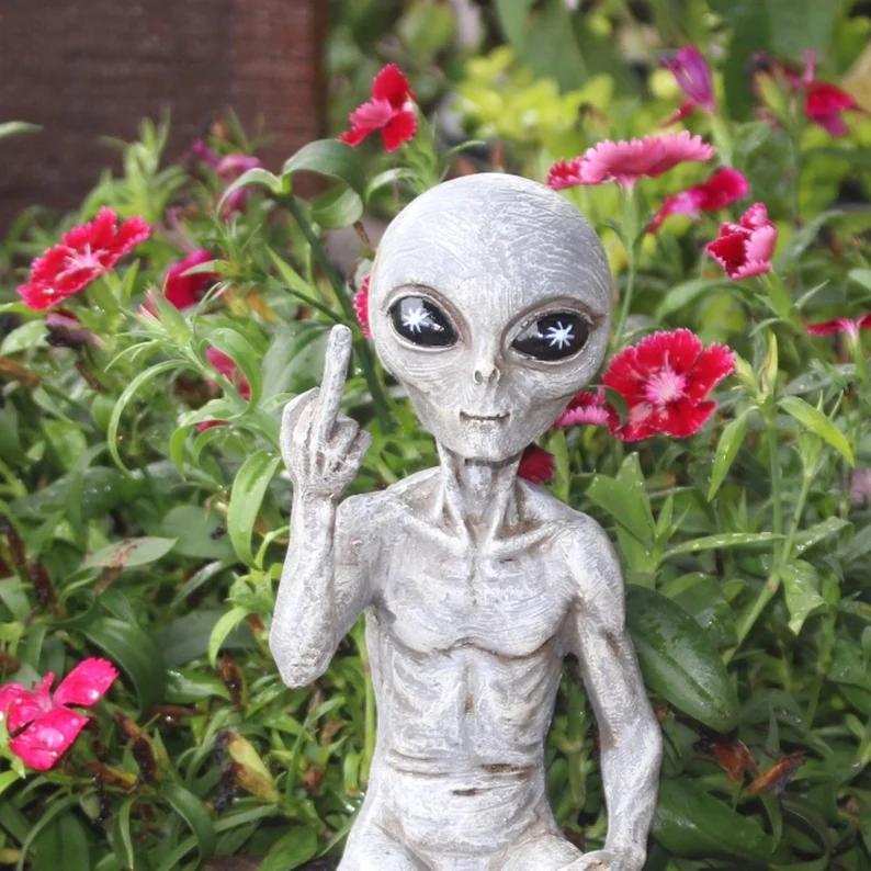 Set of 2 Rude Alien Statue “Flipping The Bird”  Shelf Sitter Extraterrestrial Figurine Funny Home or Garden Decoration