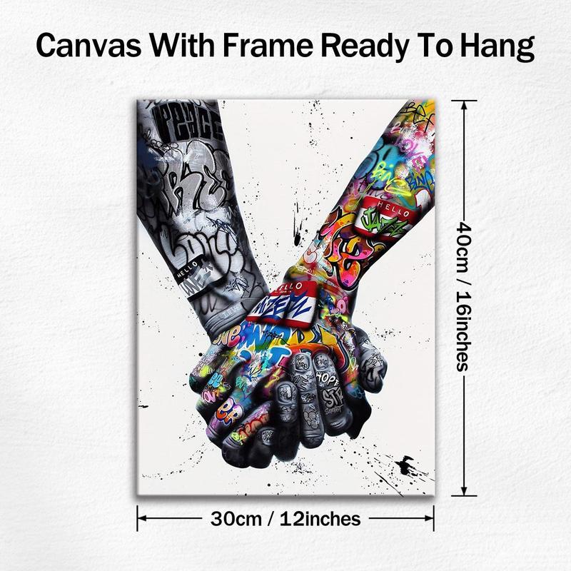 Hand-In-Hand Pattern Canvas Painting Framed, Meaningful Modern Graffiti Art Canvas Poster, Wall Art Decor for Home Living Room Office Bedroom Gallery Dormitory