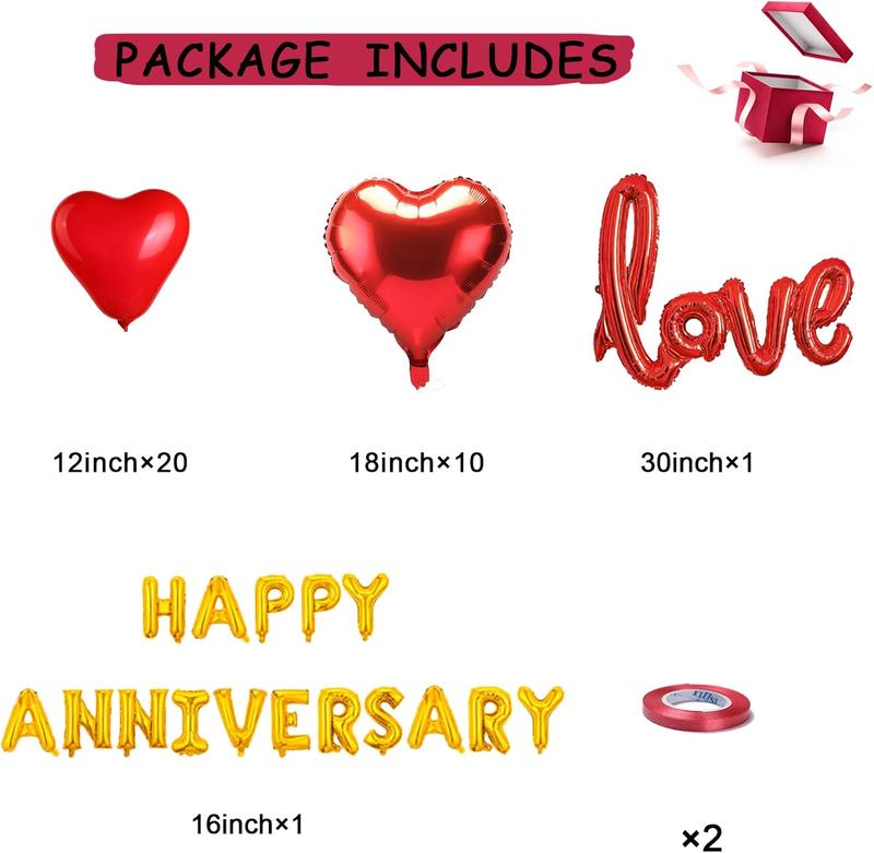 Anniversary Decorations Set: Happy Anniversary Banner, Red Felt Garland, and Heart Balloons Ornaments