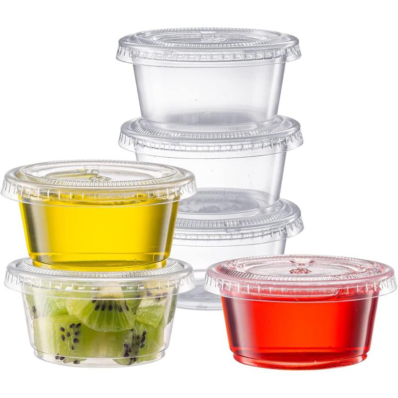 [5.5 oz. - 100 Count Clear Disposable Plastic Portion Cups with Lids - Small Plastic Condiment Containers for Sauce, Salad Dressings & Portion Control