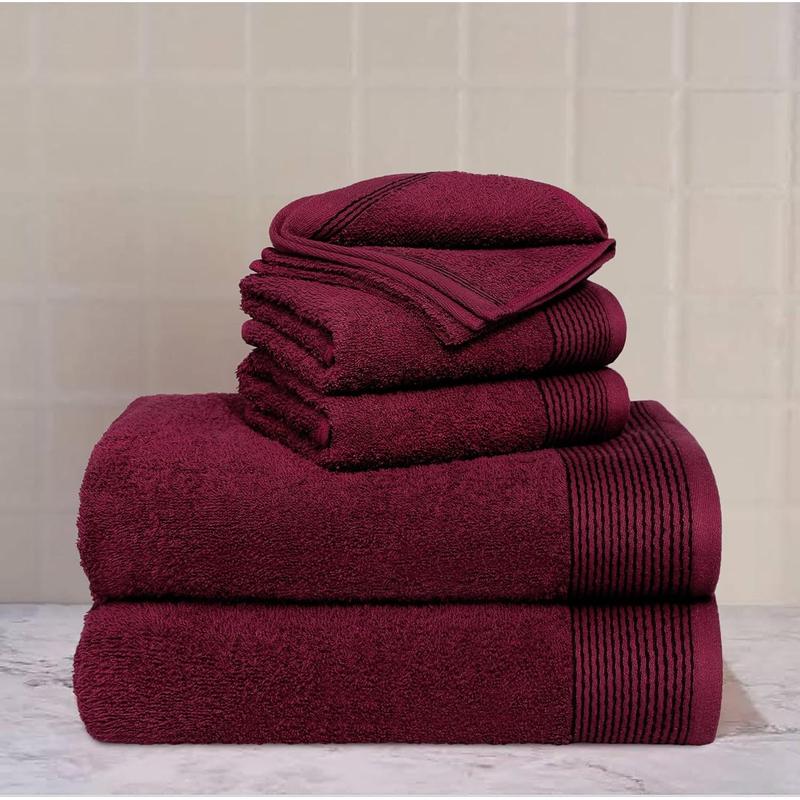 100% Cotton Ultra Soft 6 Pack Towel Set, Contains 2 Bath Towels 28x55 inchs, 2 Hand Towels 16x24 inchs & 2 Washcloths 12x12 inchs, Compact Lightweight & Highly Absorbant - Burgundy