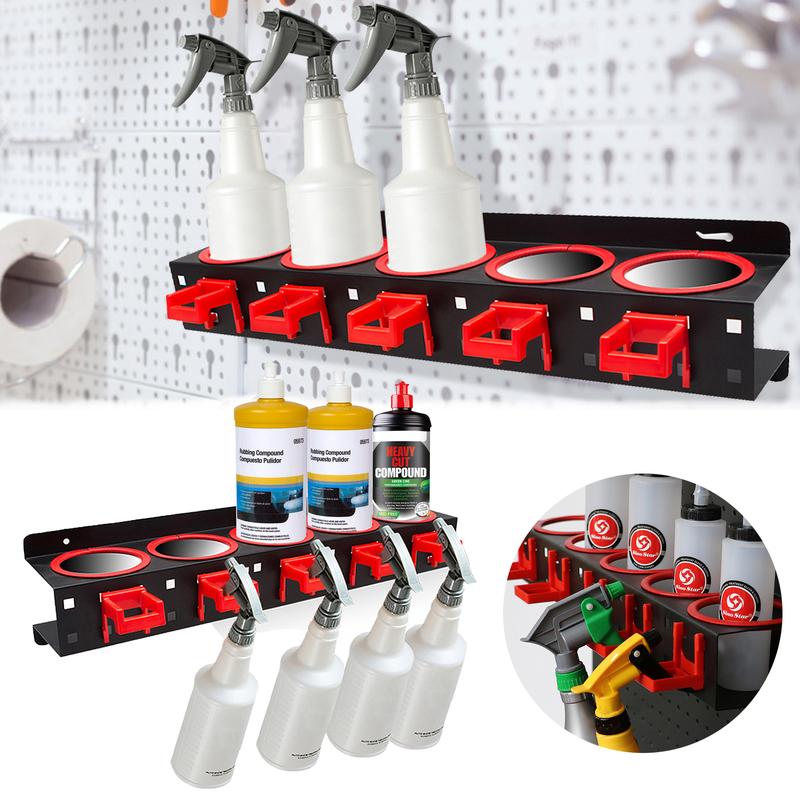 Spray Bottle Storage Rack,Spray Bottle Holder,Wall-mounted Garage Bottle Organizer with 5 Plastic Hanging Hooks Cleaning Detailing Tools Hanger,Abrasive Material Hanging Rail Car Beauty Shop Accessory