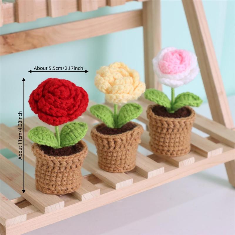 Mini Handmade Crochet Rose Knitted Potted Plant, 3 Counts set Cute Artificial Flower Decor, Decorative Plants for Home Office Car